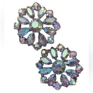 Elegant Keyes Vintage 1950s Keyes BLUE fancy AB Crystal Flower clip on Earrings